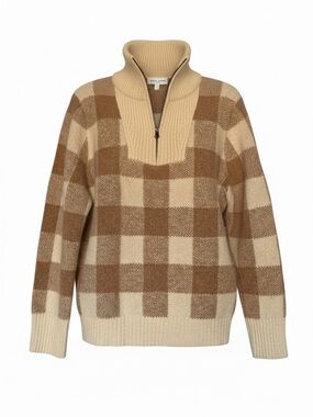 Faherty Beige and Camel Check Half-Zip Sweater